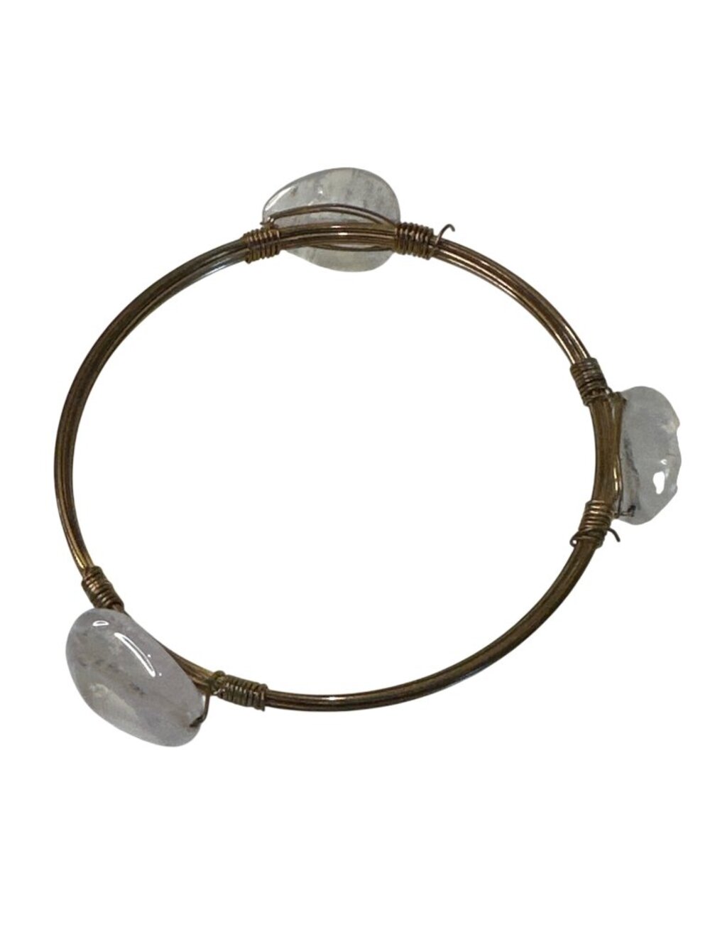 Wire-Wrapped Bracelet Gold Tone Bangle Clear Quartz Stones Artsy Handmade